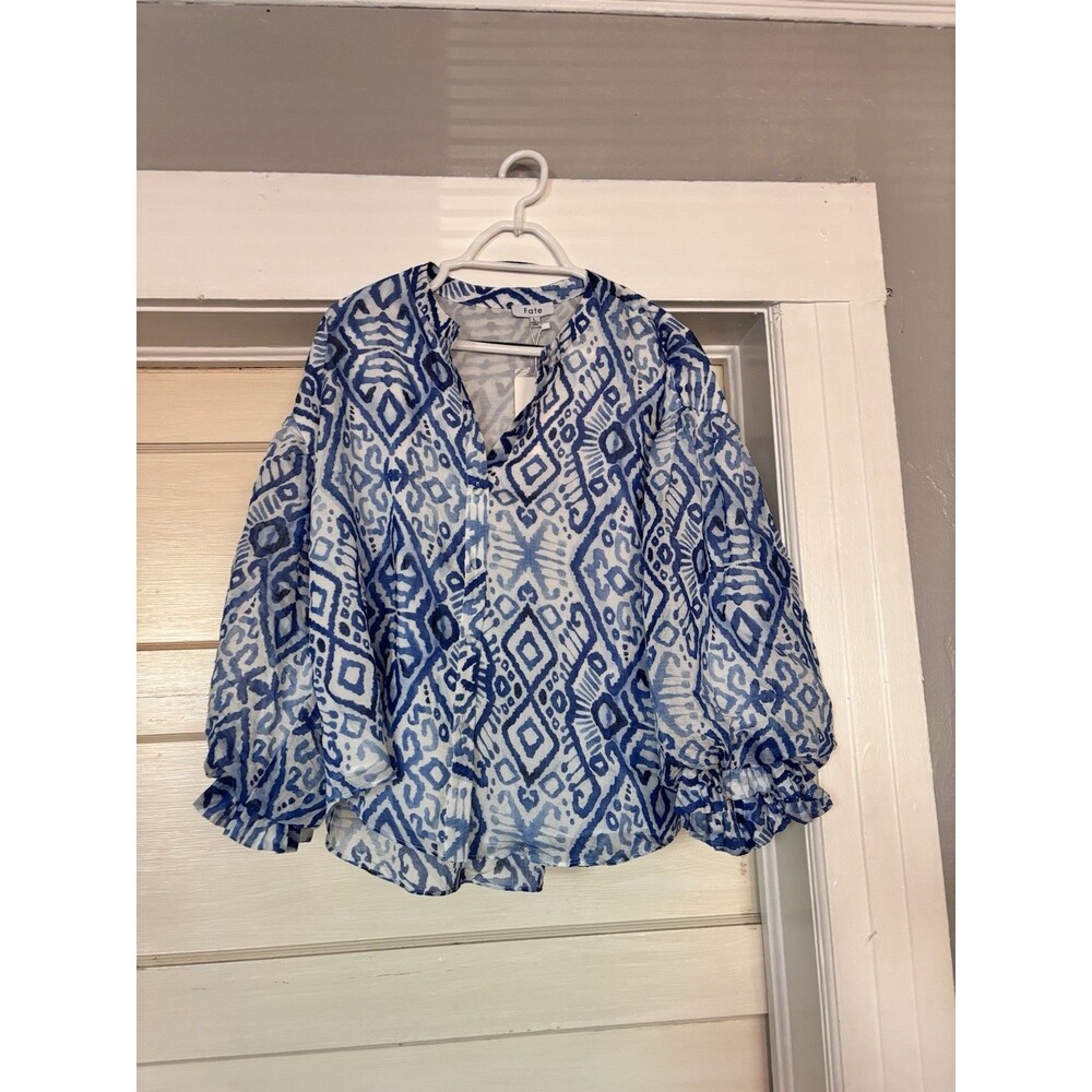 Fate A strap Print Bubble Sleeve Top Blue  Size L New